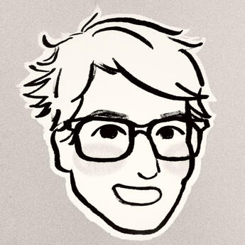 A black-and-white cartoon of Learner’s head. They are a white person with short, messy bedhead, they wear big square glasses, and they have a big grin.