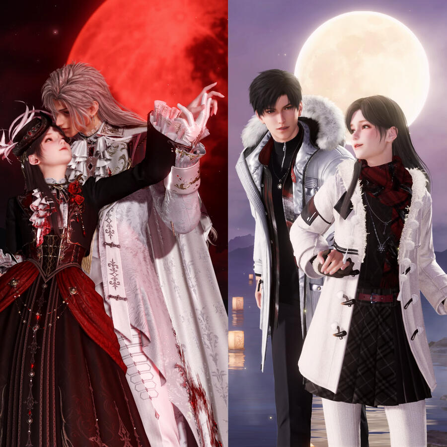Two images side-by-side of pairs of Love & Deepspace characters under full moons. On the left, my player character and Sylus in vampire-vibes historical clothing under a red moon. On the right, my character with Zayne in winter coats under purple twilight.